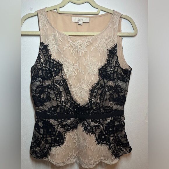 LOFT Blouse Size 4 Nude Eyelash Lace Ribbon Tie Peplum Tank Top - Picture 2 of 8
